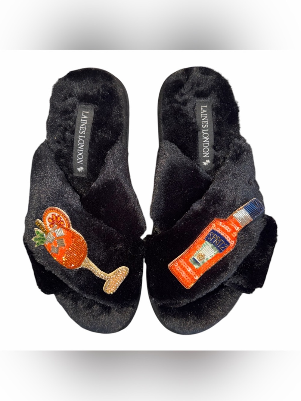 •9 Lanes London Classic Laines Slippers Summer Spritzer Brooches Black Size M